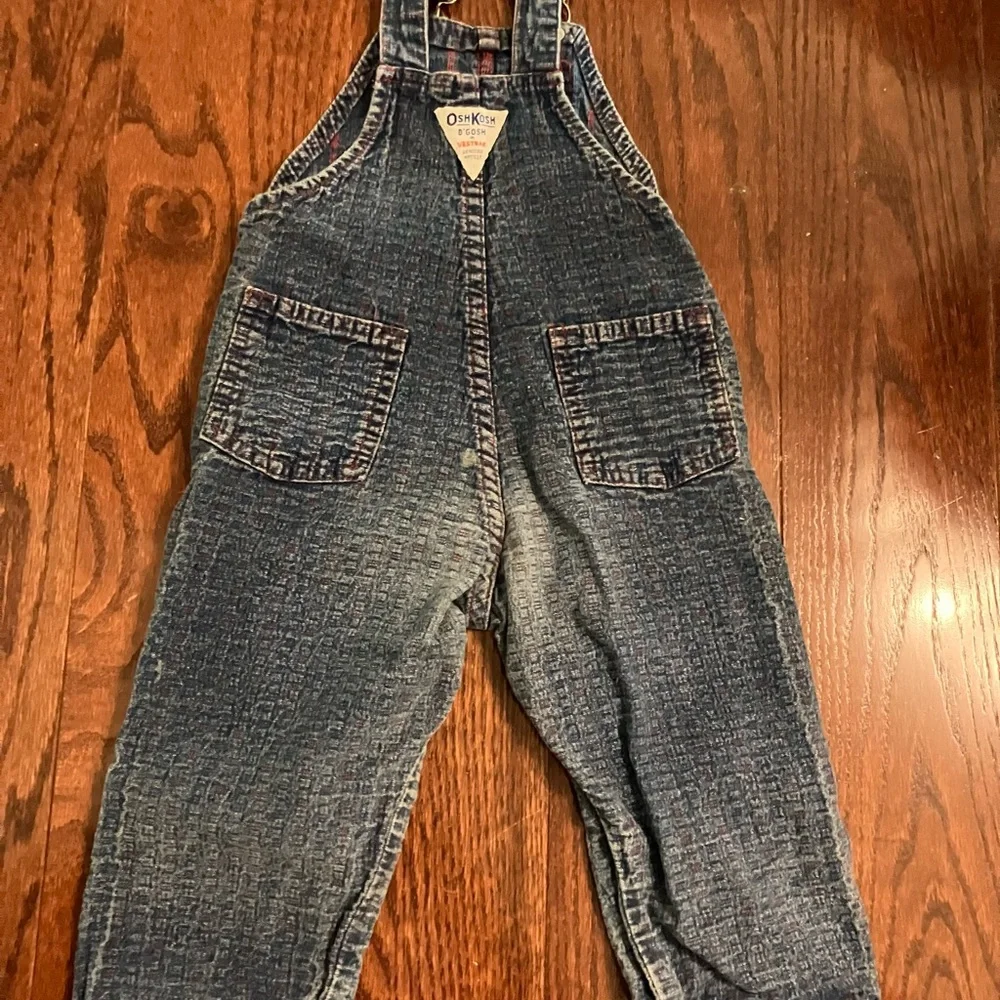 Vintage OshKosh Denim light red plaid design overalls Kids size 2T